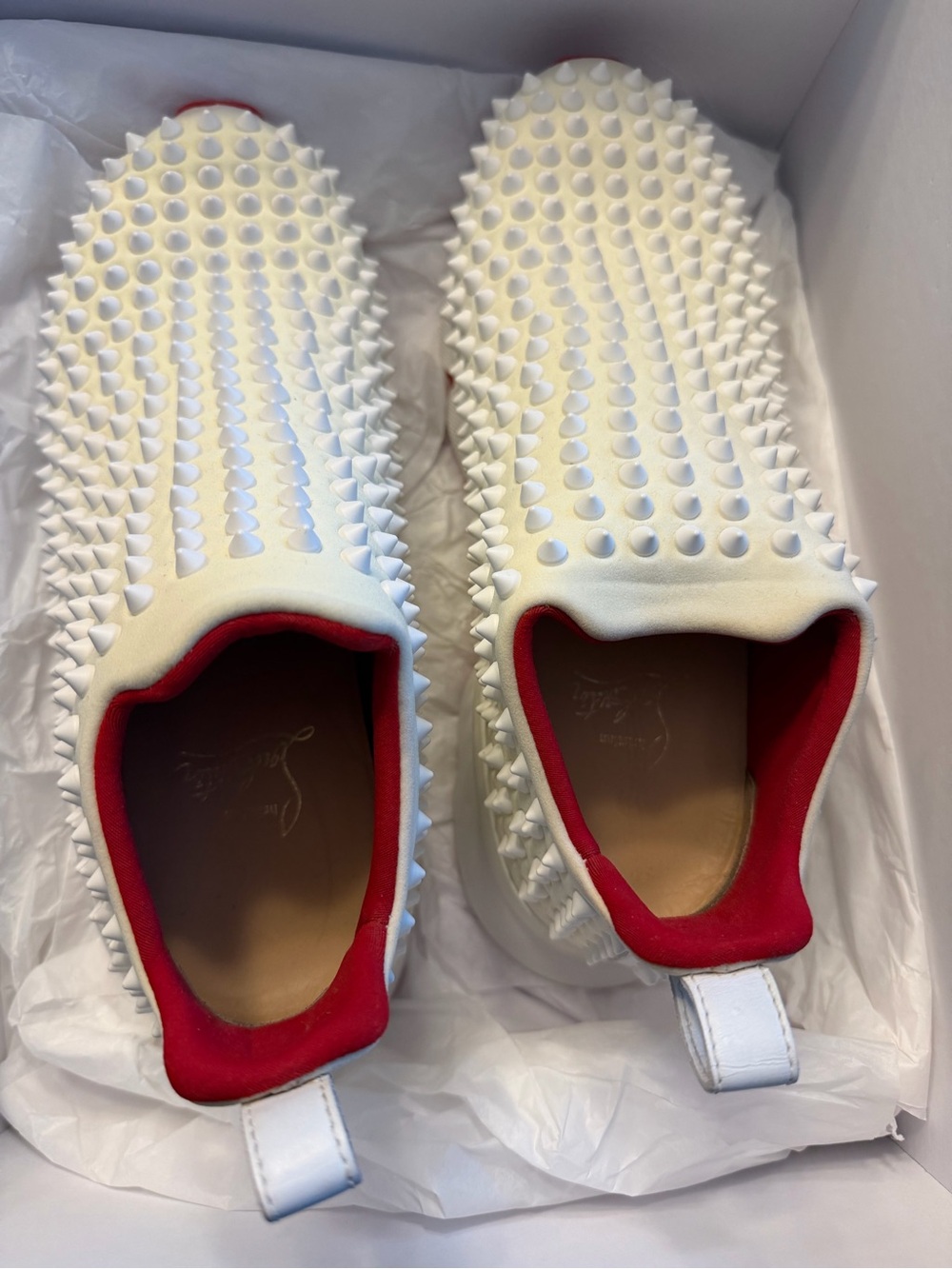 Christian Louboutin White Spiked Slip-On Sneakers with Red Trim